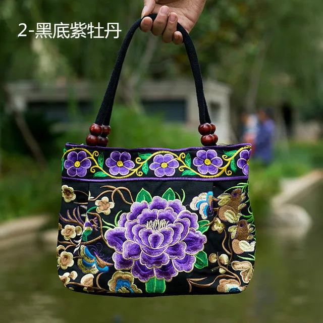 Вышитая Этническая сумка на плечо, женская сумочка ручной работы, двусторонний цветочный узор, винтажная вышитая Холщовая Сумка с деревянными бусинами - Цвет: 2