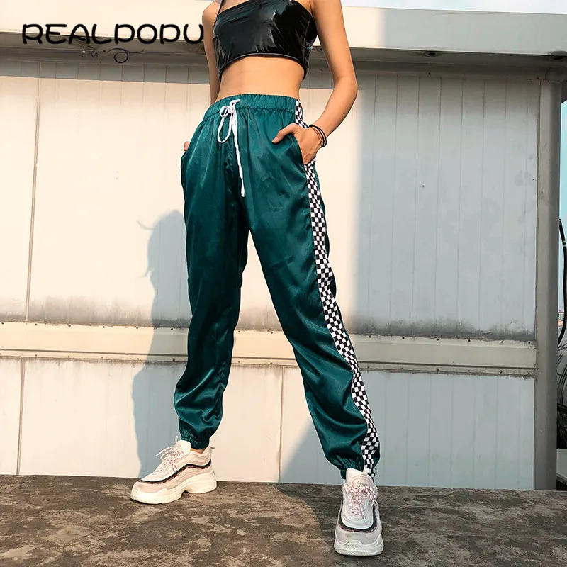 

Waatfaak High Waist Green Pants Women Patchwork Checkerboard Joggers Long pants Harem Stain Trousers Elastic Drawstring Waist