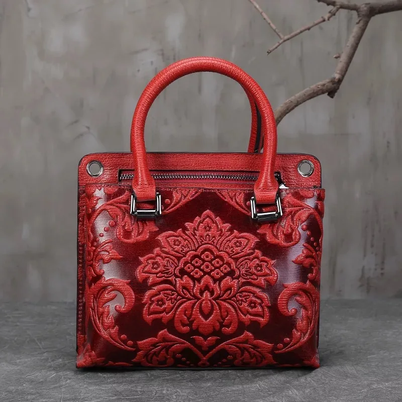 

Vintage Embossing Flower Designer Ladies Elegant Totes Handbag Genuine Leather Elegant Women's Red Real Leather Bags