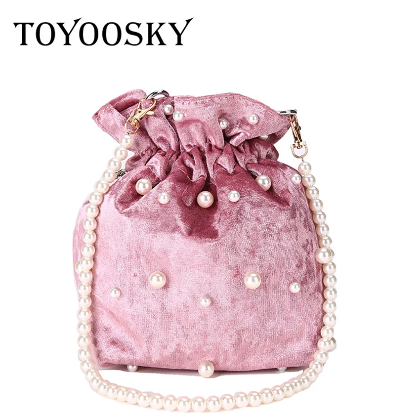 TOYOOSKY Luxury Design Women Drawstring Bucket Bag Fashion Pearl Strap Velour Shoulder Bags Female High Quality Crossbody | Багаж и сумки