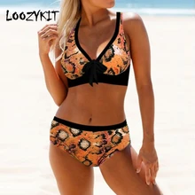 Loozykit женский купальный костюм размера плюс 3XL с леопардовым принтом, летний купальный костюм из двух частей, пляжный бикини