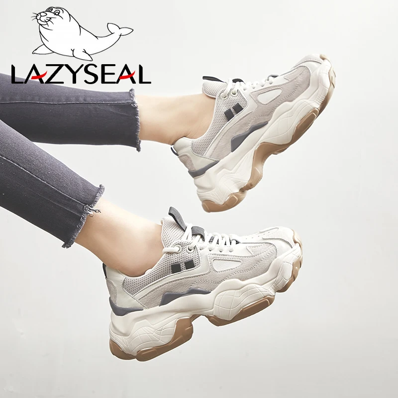 LazySeal/обувь на платформе женские ботинки ультра-светильник на шнуровке, замшевые кроссовки из коровьей кожи, женские сетчатые туфли на толстой подошве со шнуровкой, обувь для студентов, обувь для девочек