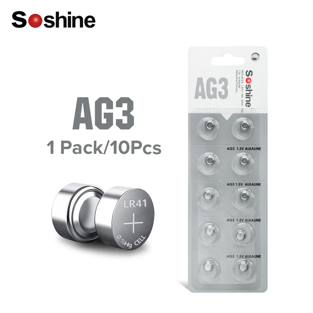 Soshine AG3 LR41 392 SR41 192 1,5 V кнопочный элемент Батарея 384, 392A, AG3, CX41, G3, L736, LR736, SR41, SR41SW музыкальная шкатулка для плюшевых игрушек Часы x10