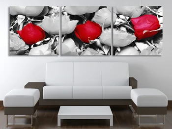 

3 Panels Wall Art Black White Red Flower Modern Painting On Canvas Rose Flower Wall Pictures Cuadros Decoracion For Living Room