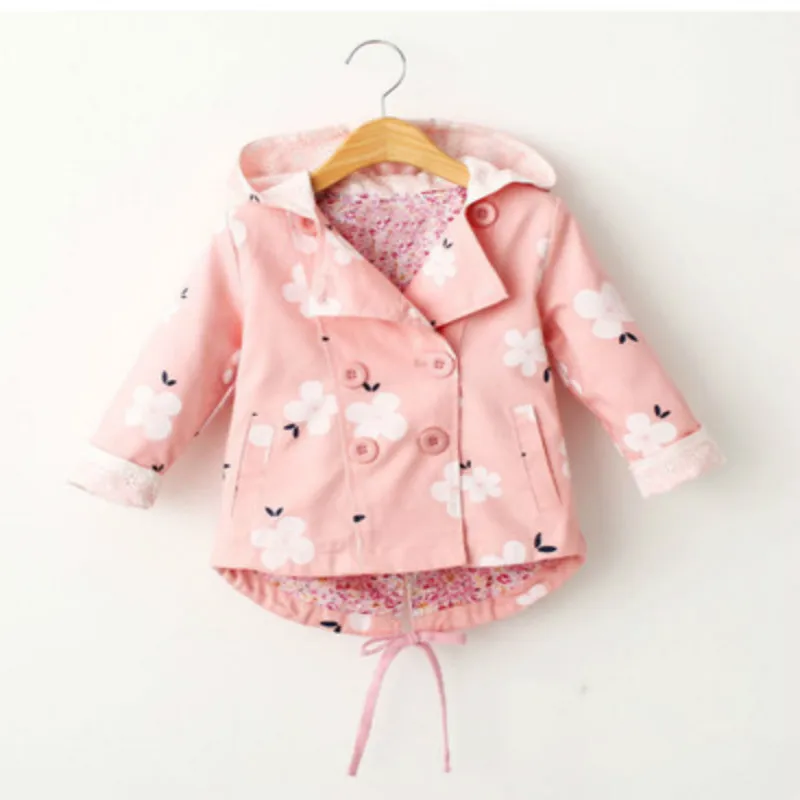 

Ideacherry Cotton Baby Girls Trench Coat Fashion Kids Clothes Double Breasted Hooded Jackets Pretty Flower Pattern Outerwear