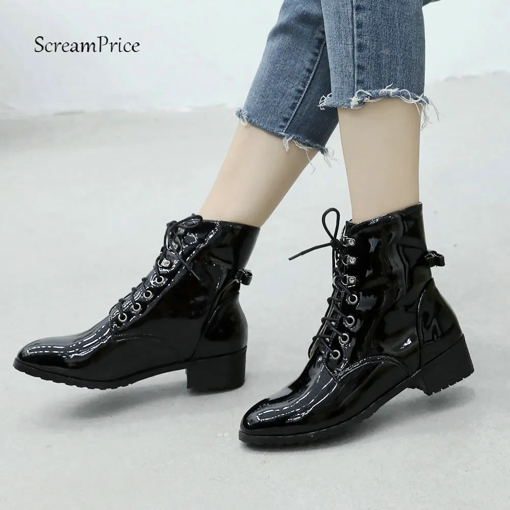 

Fashion Patent Leather Boots Women Flat Heel Ankle Boots Round Toe Zipper Winter Comfortable Ladies Shoes Plus Size 2018 New