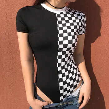

Checkered Short Sleeve Womens Bodysuit Patchwork Black Checkerboard Femme Bodysuits Skinny Plaid Fashion Body One-piece Suits