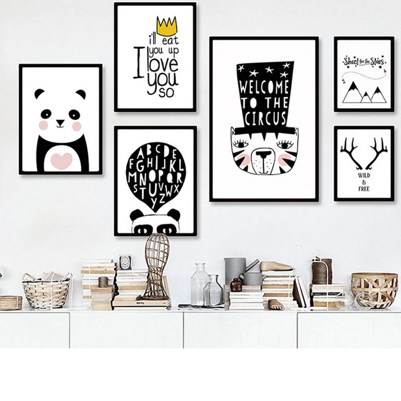 

Modern Black White Nordic Kawaii Animal Quotes Art Print Poster Wall Picture Nursery Canvas Painting No Frame Baby Room posters