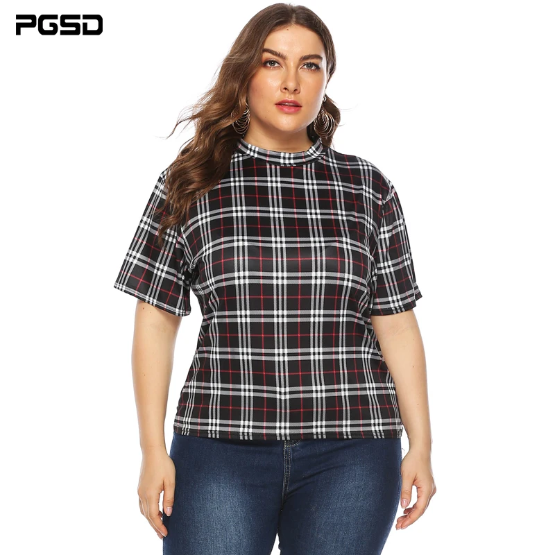 

PGSD Summer casual lady Tee big size Lattice printing Loose short sleeves Half Turtleneck t-shirt femme Plus women clothes 4XL