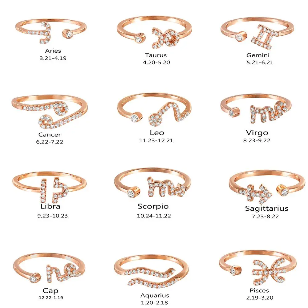 

BOAKO Fashion 12 Constellations Zodiac Sign Finger Rings Rose Gold Color Crystal Ring Adjustable Size Rings For Women anillos