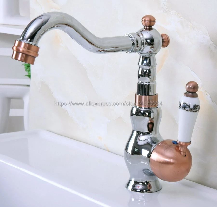 Deck Mounted Single Handle Bathroom Sink Mixer Faucet Polished Chrome And Red Copper Hot and Cold Water Mixer Tap Nnf912