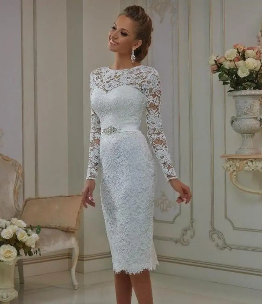 New Vintage Tea Length Lace Long Sleeves Short Wedding Dresses