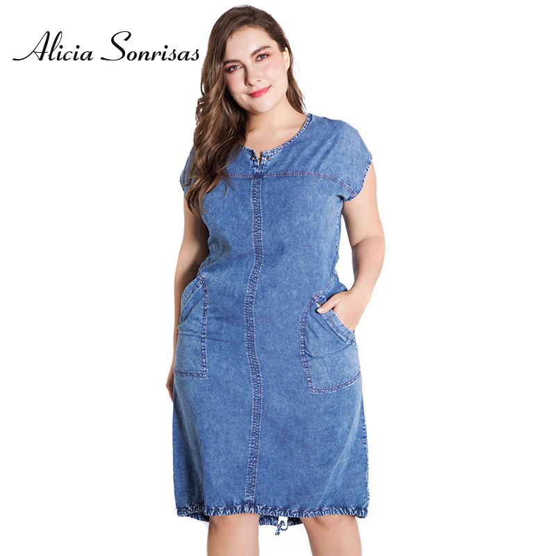 

Women Summer Denim Dress Plus Size 4XL 5XL 6XL O Neck Pockets Large Size Big Pockets Jeans Summer Blue Dress ZPZ415