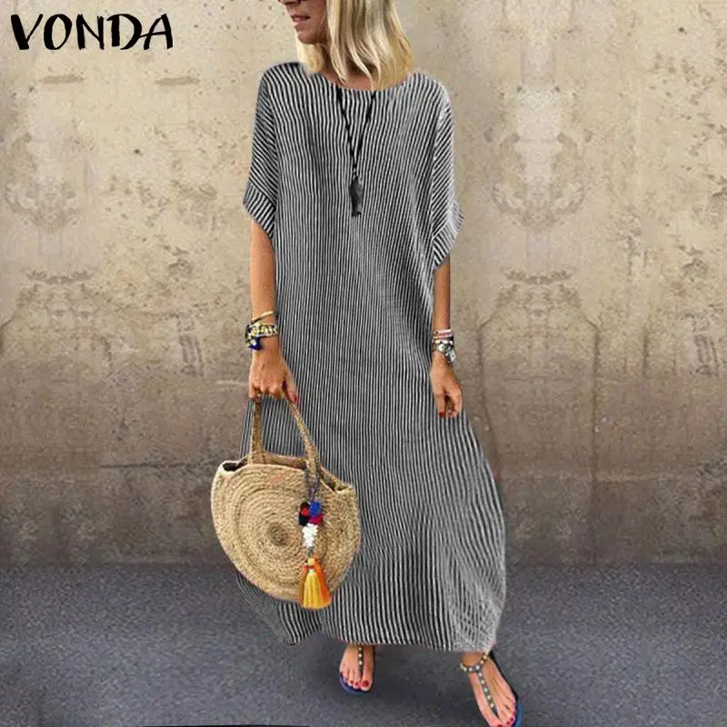 Богемное женское летнее платье VONDA Vestidos, сексуальные вечерние платья макси с рукавом, женское платье, винтажная рубашка-сарафан размера плюс