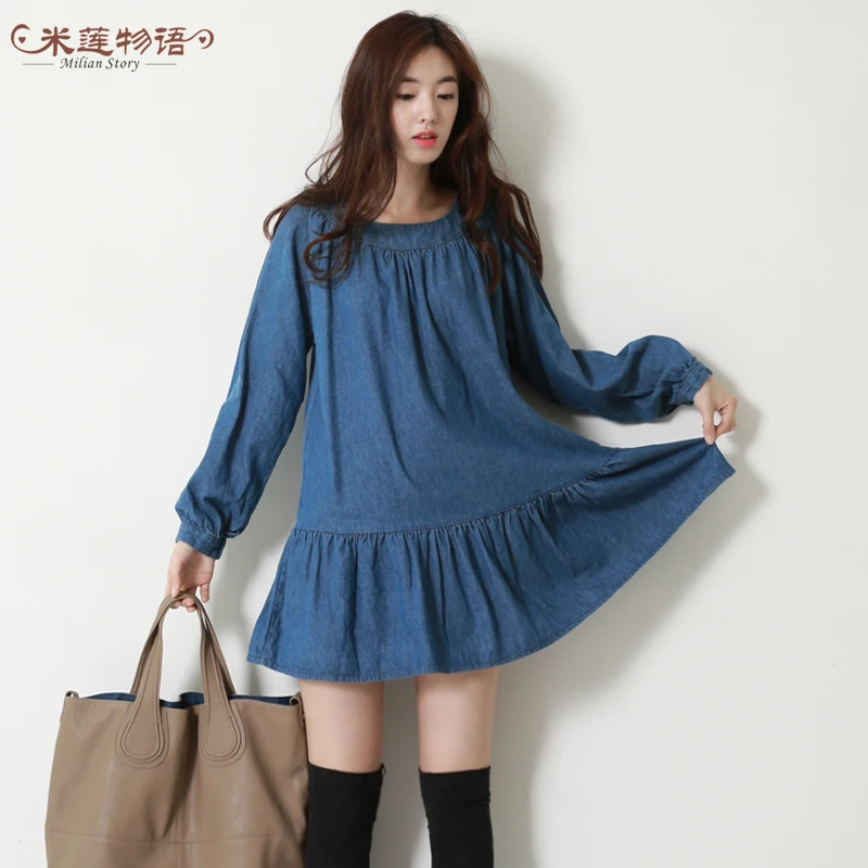 2016 Sale Spring Autumn Women&#39;s Plus Size Jeans Dress Denim Dress Long sleeve Elastic Waist ...