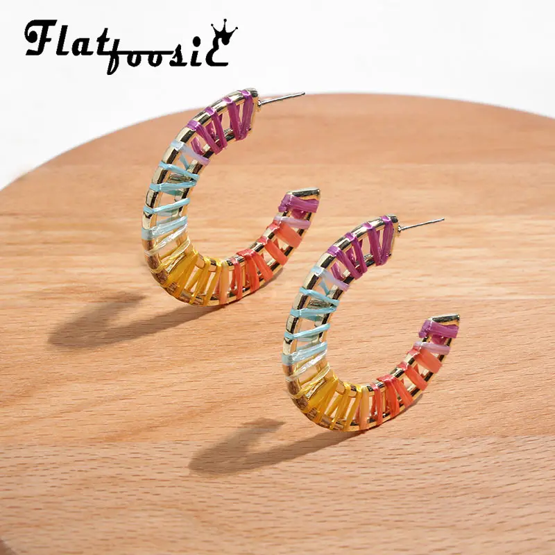 

Flatfoosie 2019 New Handmade Raffia Round Circle Stud Earrings For Women Colorful Geometric Weave Fashion Earrings Jewelry Gifts