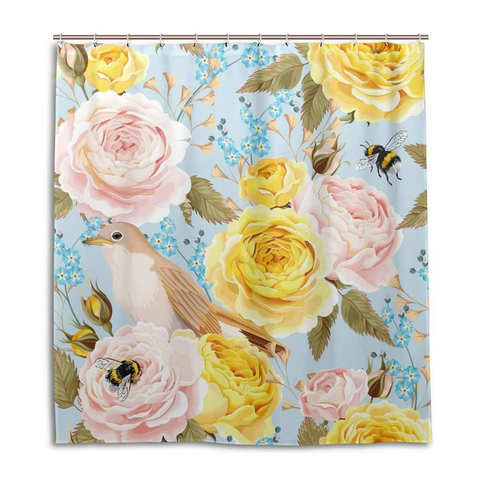 

Rose With Bee And Bird Shower Curtain Increasing Thickness Waterproof Mouldproof DIY Custom