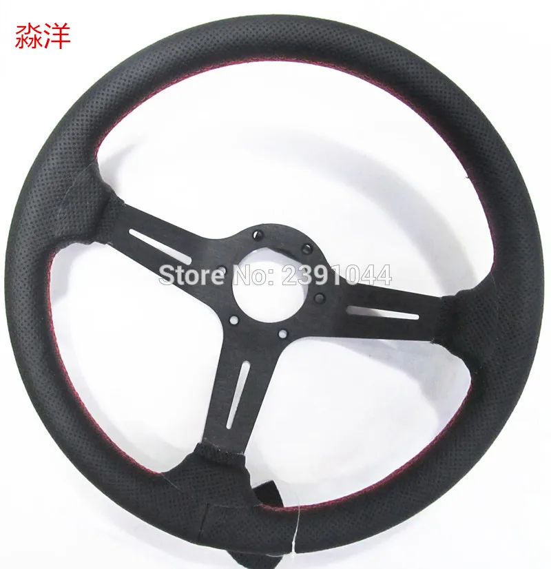

Fast shippingOriginal Logo Deep Black Spoke 350mm Genuine Leather Rally Racing Steering Wheel