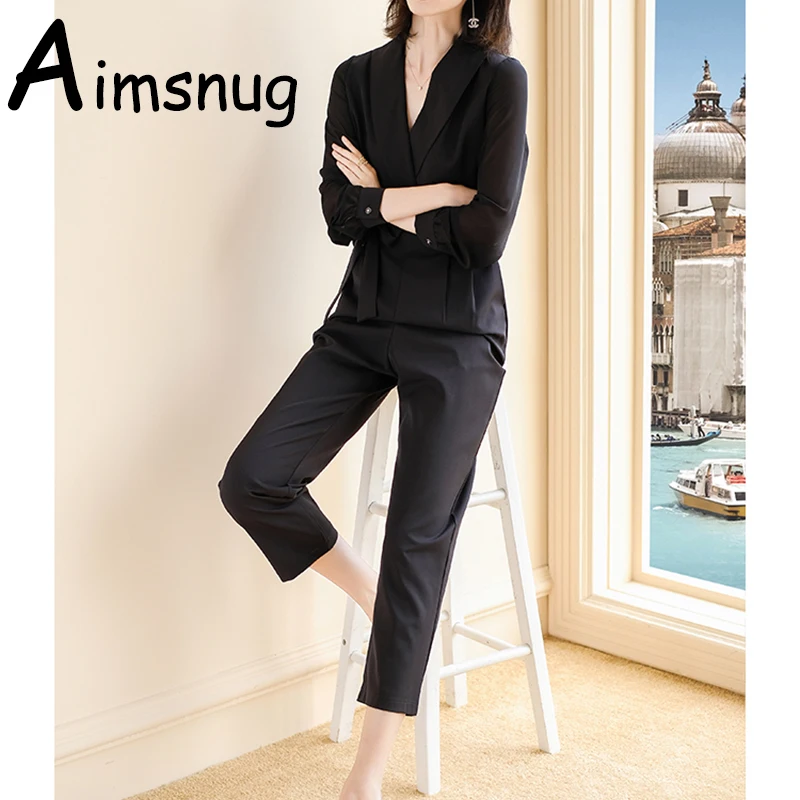 2019 New Plain Black blue Office Ladies Workwear Jumpsuit Wrap Lace Detail Tailored Long Sleeve Pockets Women Elegant Jumpsuit