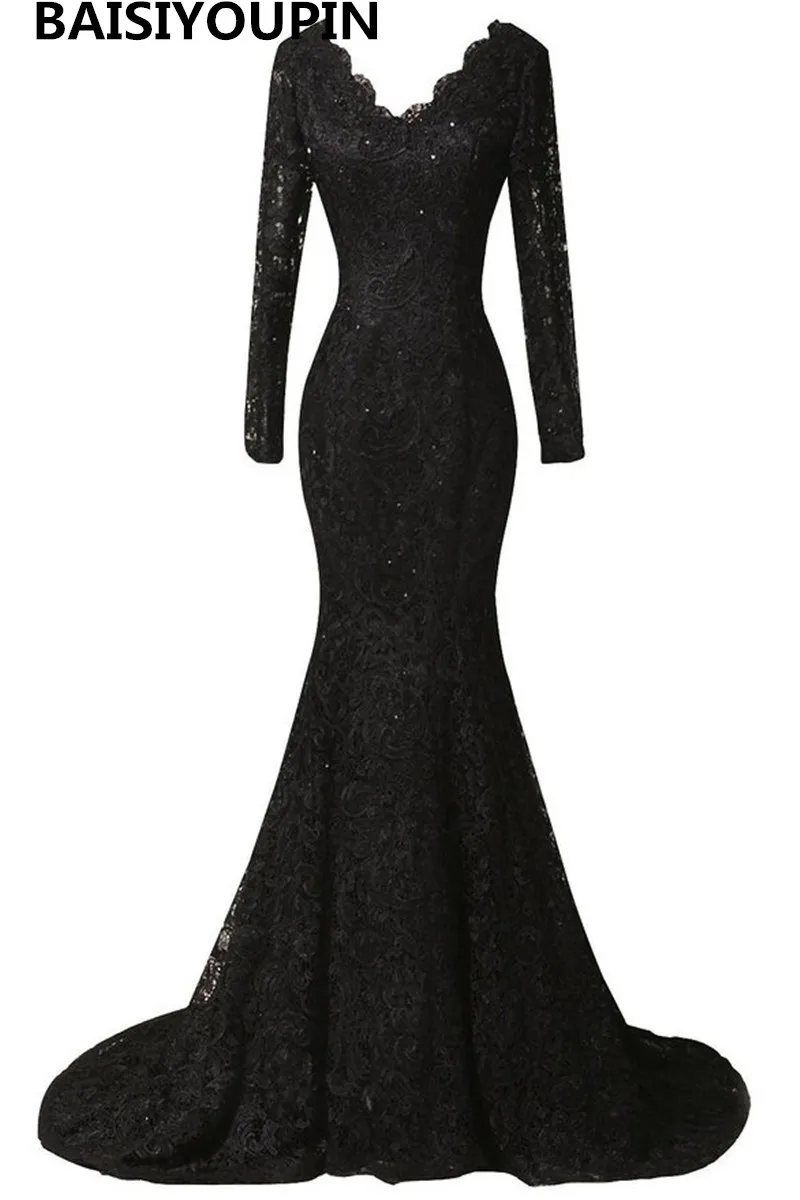 

Vestido Para Festa De Casamento 2019 Elegant Sexy Black Lace V-Neck Long Sleeve Evening Dresses Mermaid