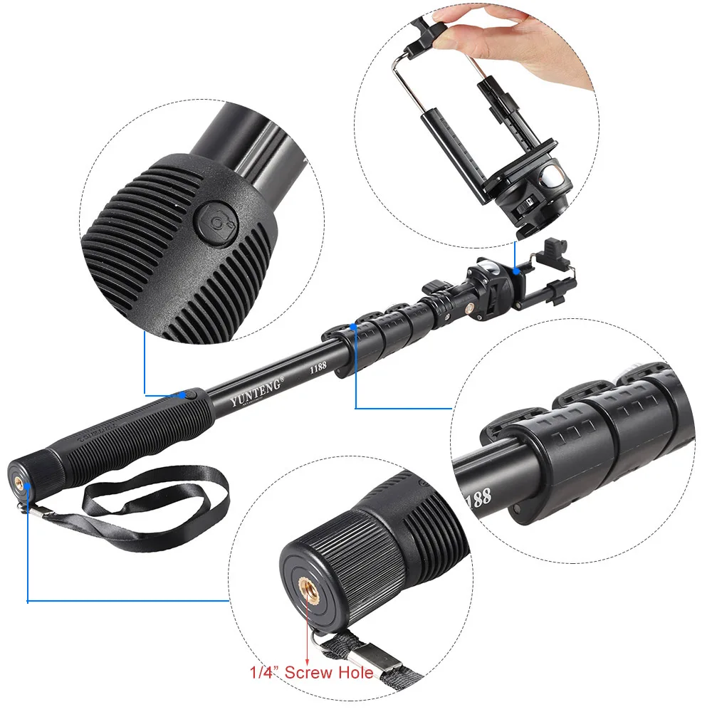 YUNTENG YT 1188 Selfie Stick Wired Cable Aluminium Monopod w/ Phone Clip for iPhone Samsung IOS Android Smartphones/DSLR Cameras-in Selfie Sticks from ...
