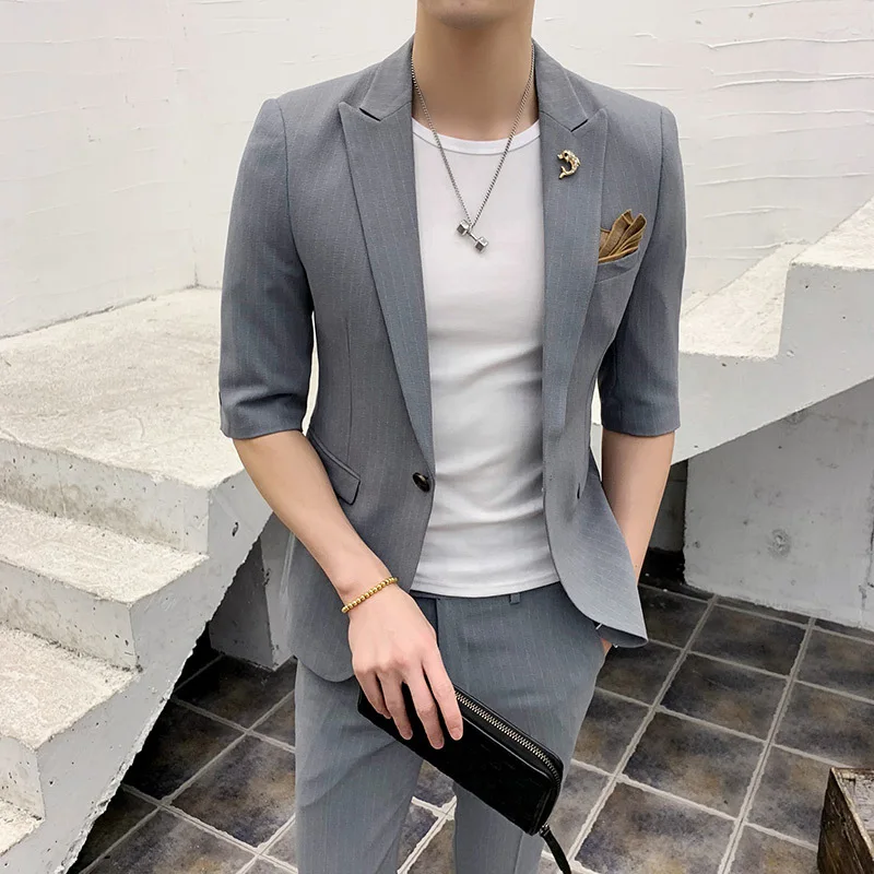 

(Jacket + Pants) Fashion Groom Wedding Suit For Men Tuxedo Suits Casual Slim Fit Suit Summer 2 Piece Set Costume Homme Mariage