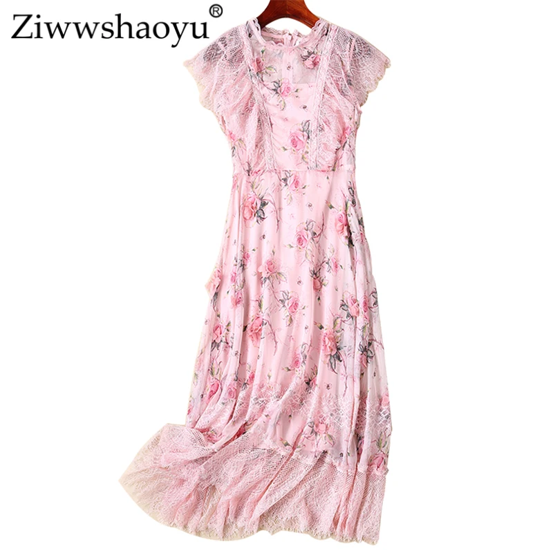 Ziwwshaoyu أنيقة الدانتيل خليط فساتين س الرقبة طباعة عطلة الإمبراطورية اللباس الصيف جديد المرأة