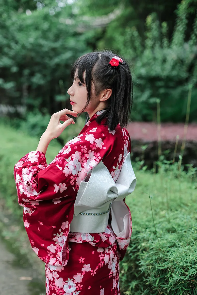

Japanese Red Small Cherry Cotton Formal Kimono for Women