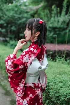 

Japanese Red Small Cherry Cotton Formal Kimono for Women