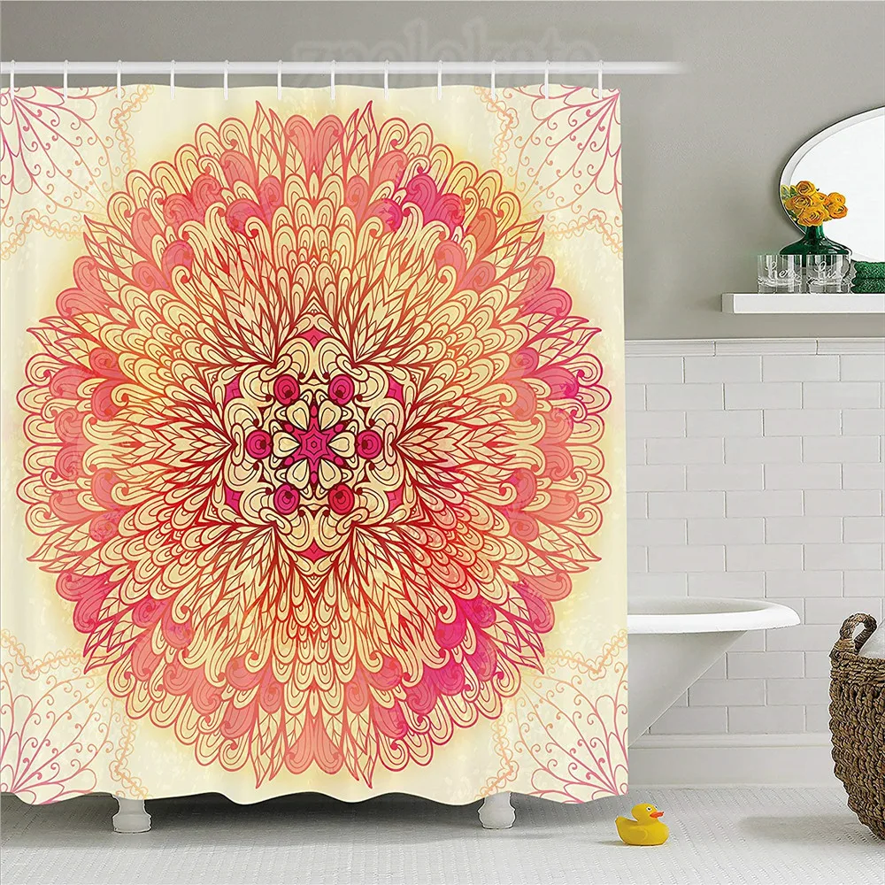 Red Mandala Shower Curtain Spiritual Fantasy Flower Lively Colors Cosmos Balance Traditional