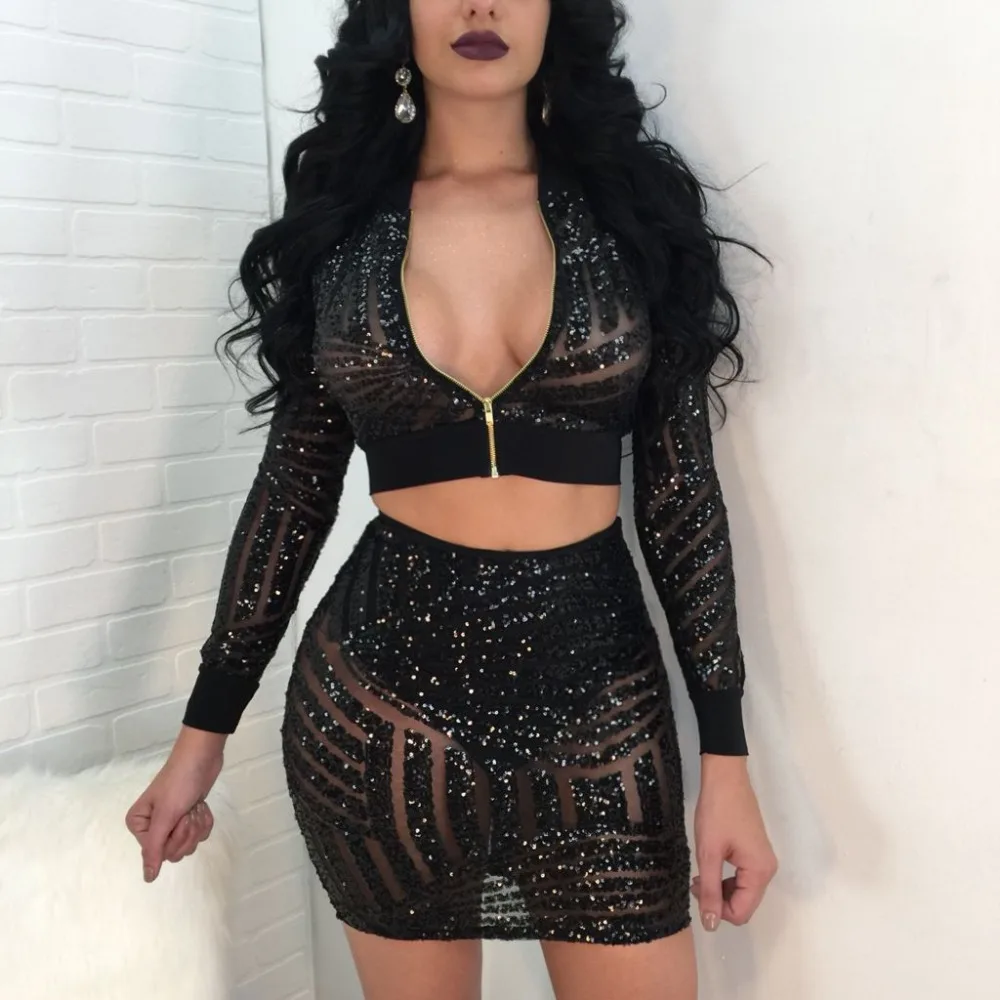 

2018 Mesh Sequined Women Two Pieces Set Crop Top And Skirt Set Long Sleeve Jacket Mini Skirt Nightclub Sexy Bodycon Club Wear