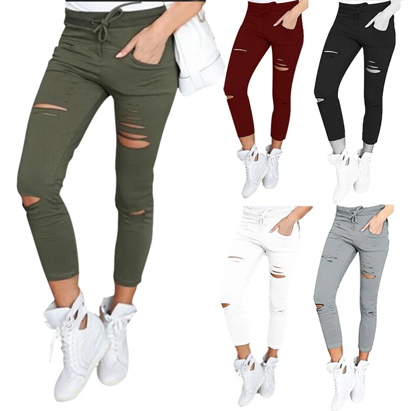 

Women Legging Cropped Pants Solid Color Drawstring Slim High Waist Stretch Elastic Ladies Hole Pencil Trouser Plus Size