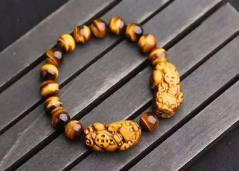 

10mm Natural Yellow Tiger's Eye Pi Xiu Pendant Gemstone Crystal Round Bead Bracelet Women men Powerful Stretch AAAAA