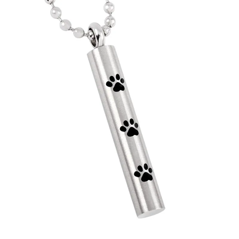 

IJD8347 Hot Sale Pet Paw Print Cylinder Stainless Steel Memorial Urn Pendant Hold Animal Ashes Keepsake Cremation Necklace