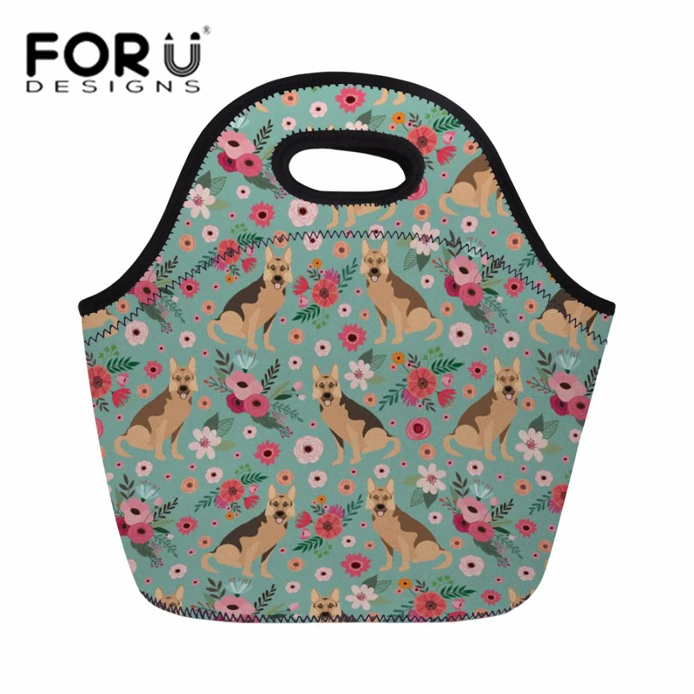 Bolsa do Almoço para as Mulheres Frescos do Jardim Bolsas de Mão Forudesigns Neoprene Duplas Piquenique Alimentos Zoológico Lancheira Meninas Germen Pastor Refeição Tote