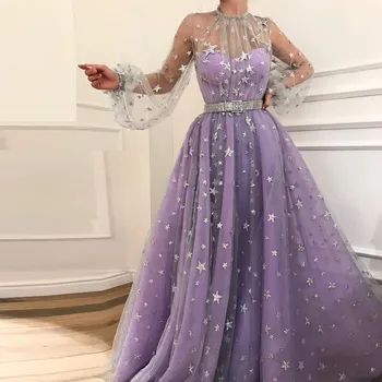 

Evening Dresses Tulle Long Sleeves Party Gowns Halter Neck Long Dresses Evening Abiye Gece Elbisesi Dress For Party