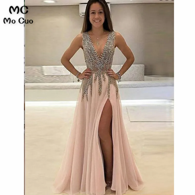 

2018 A-Line Women's Evening Dresses Deep V-Neck Appliques Beaded Pink Tulle Front Slit Formal Evening Party Dresses for Women