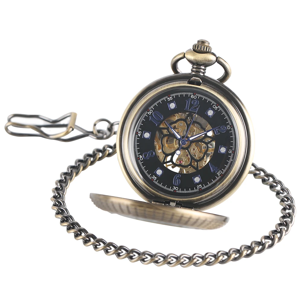 Медь Рука обмотки Механические карманные часы для мужчин женщин Скелет Fob полые Астра кулон цепи Винтаж часы