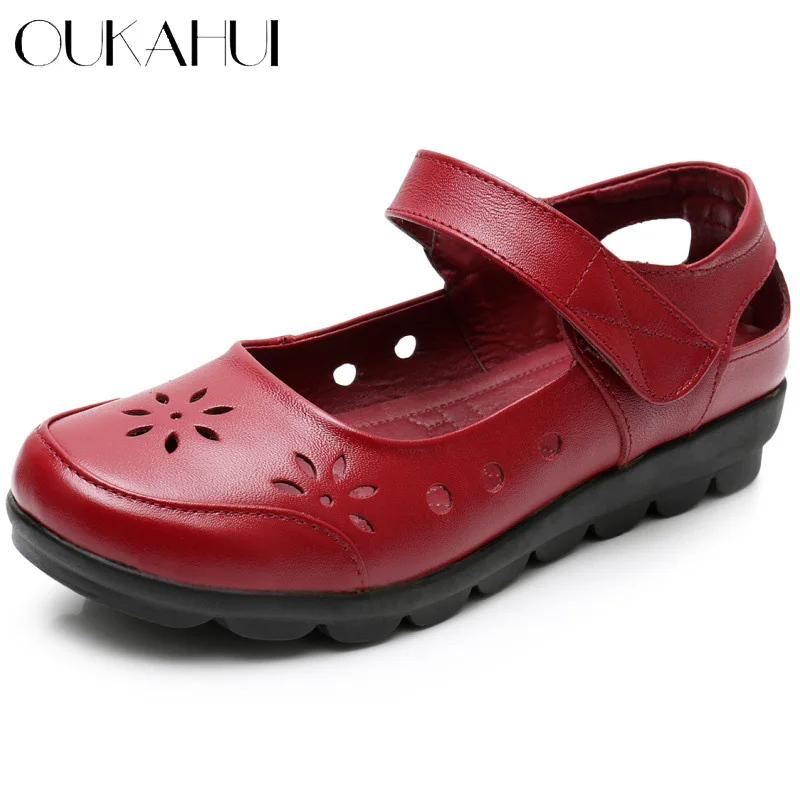 OUKAHUI/ г.; модные летние туфли из натуральной кожи; женская обувь на плоской подошве на низком каблуке с застежкой-липучкой; женские кожаные мягкие туфли на плоской подошве