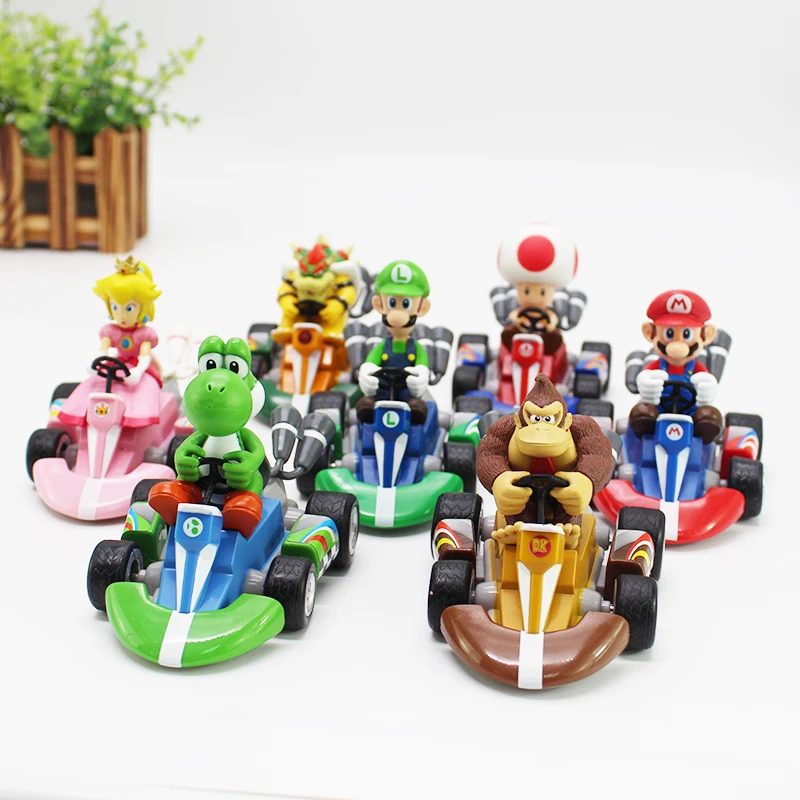

Super Mario Bros Wii Mario Kart Luiji Peach Bowser Toad Donkey Kong Yoshi Action Figure Pull Back Racers Car Ver. Toy 8-8.5cm