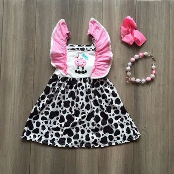 

baby girls spring summer dairy cattle dairy cow milch cow print black white pink dress with bows and beadings necklace