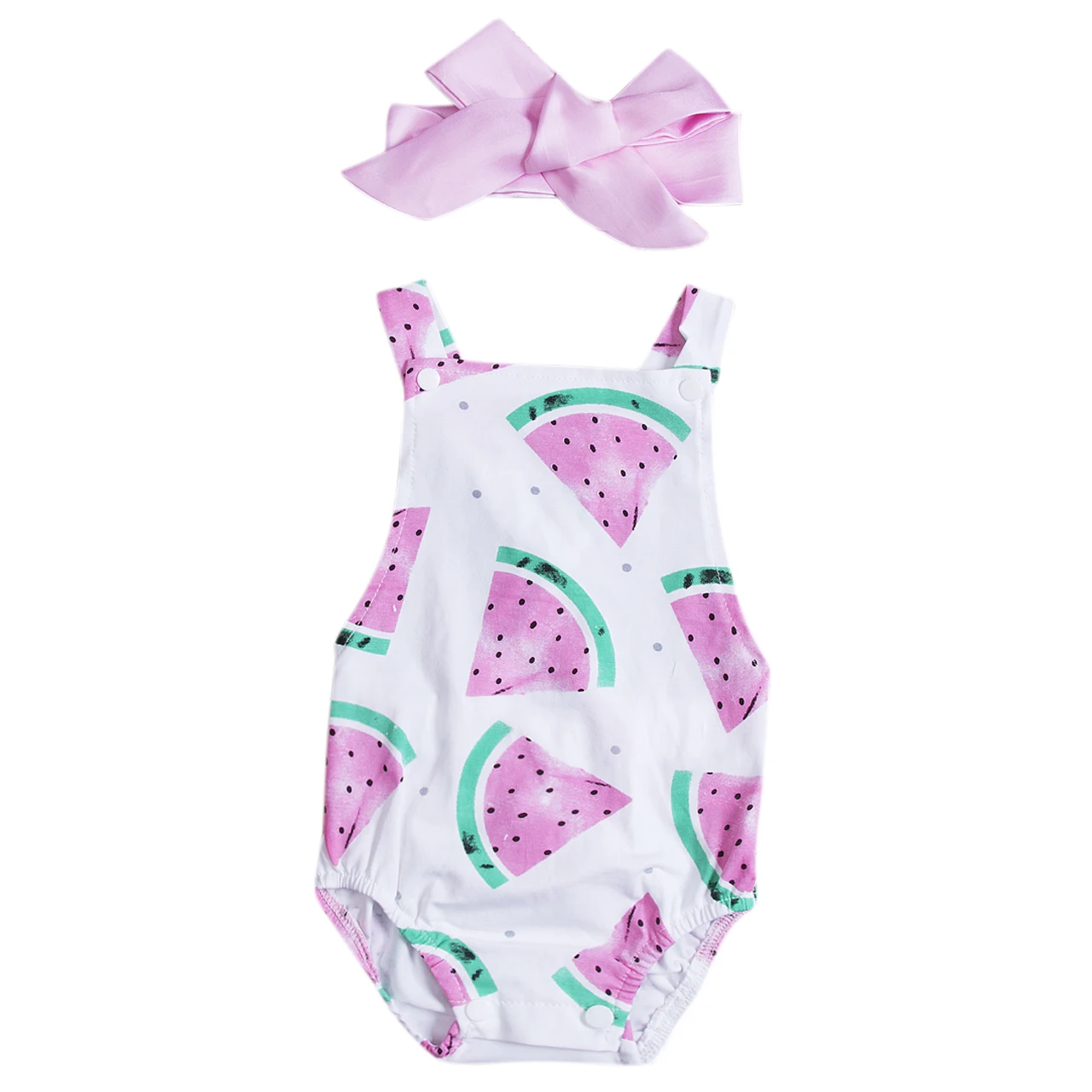Комбинезон для новорожденных девочек; Летний комбинезон без рукавов с открытой спиной и арбузом+ повязка на голову; комплект из 2 предметов; пляжный костюм; одежда для малышей - Цвет: as photo show