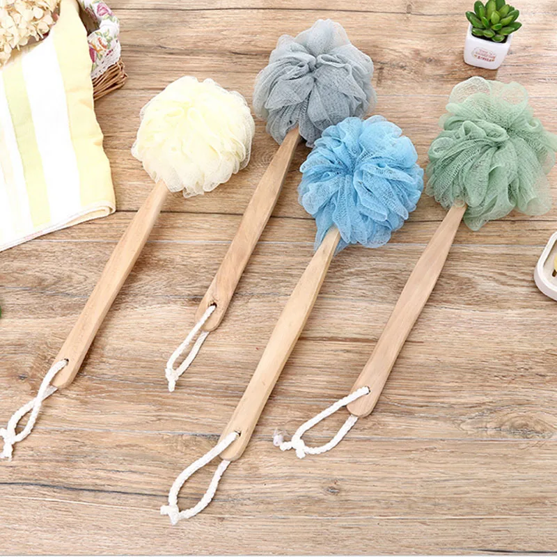 Long Wooden Handle Bath Brush Soft Mesh Ball Back Body Bath Shower Hanging Scrubber Brush Home Bathroom Shower Tool (4)