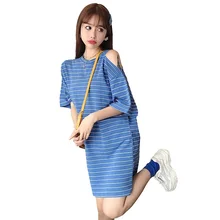 Striped Women's T-shirt Short Sleeve Loose T Shirt Off Shoulder Top Summer Long T Shirt Blusas Femininas 2019 drop shoulder striped t shirt with split