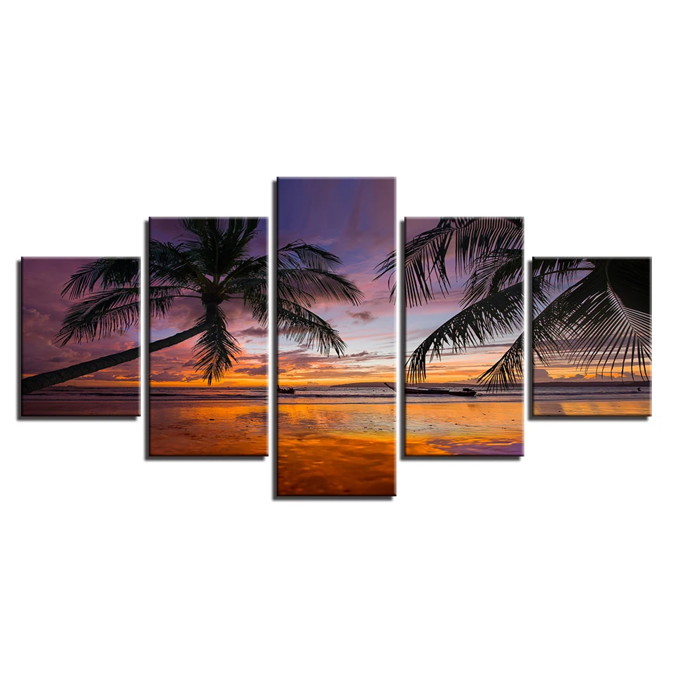 Настенные художественные картины HD печатные украшения плакаты рамка 5 панель пляж в сумерках пейзаж, современная живопись на холсте дома гостиной