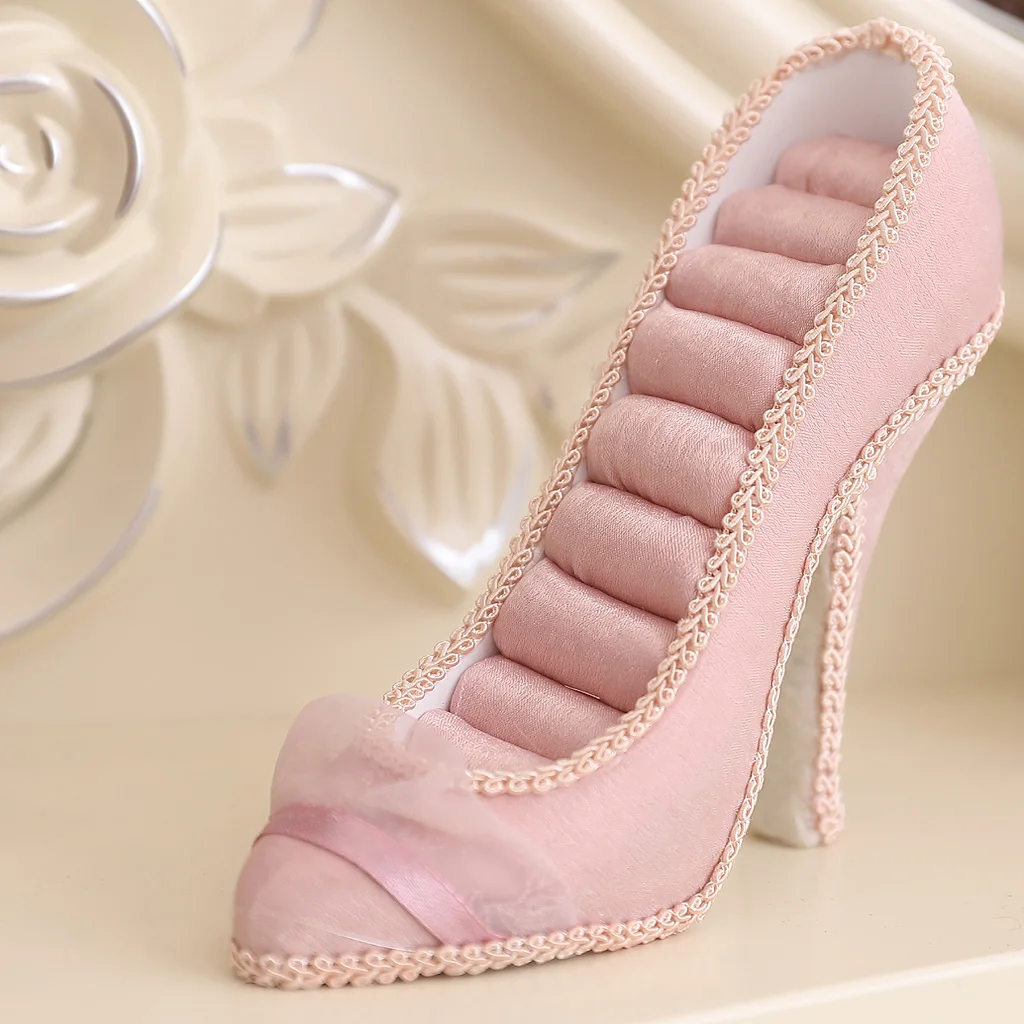 Elegant Cute Lady High-heel Shoes Ring Display Jewelry Holder Pink Resin 8 Slots Insert Wedding Party Gift