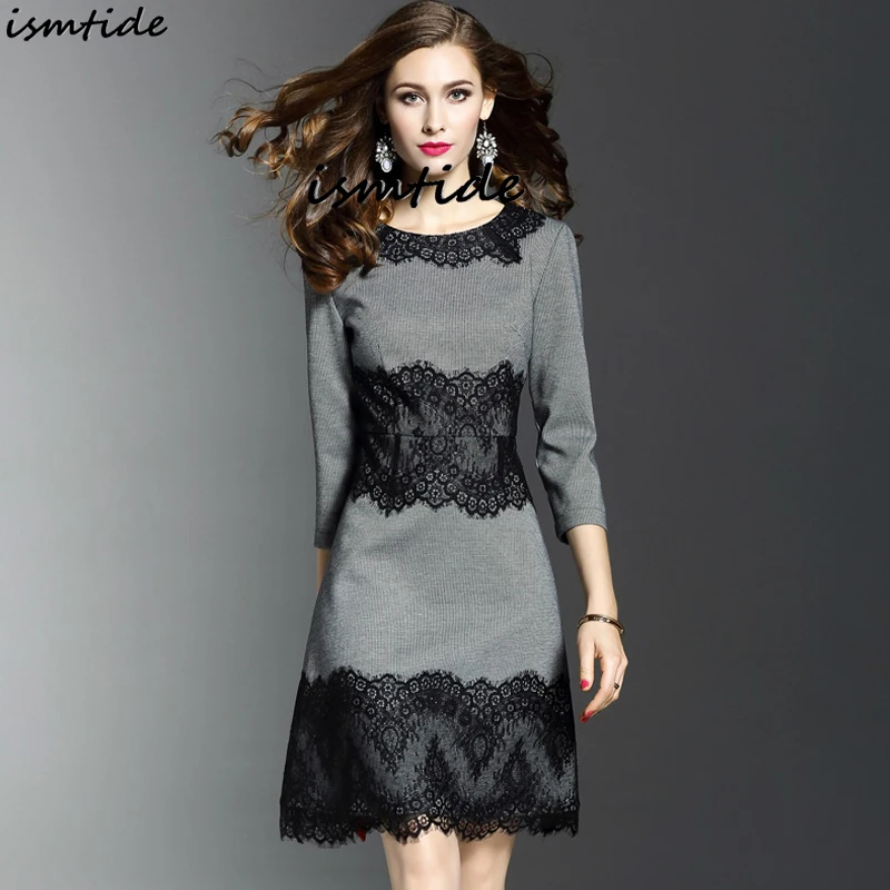 Goedkoop 2018 Lente Nieuwe Vintage Grey Lace Jurken Ronde Hals Gebloemde Jurk Lange Mouw Elegante Bloem Slanke Patchwork Schede Bodycon Jurk