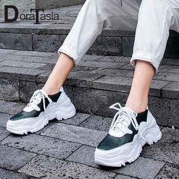 

DoraTasia 2019 Spring Casual Genuine Cow Leather Sneakers Woman shoelace Mixed Color Flat Platform Flats For Ladies Shoes Woman