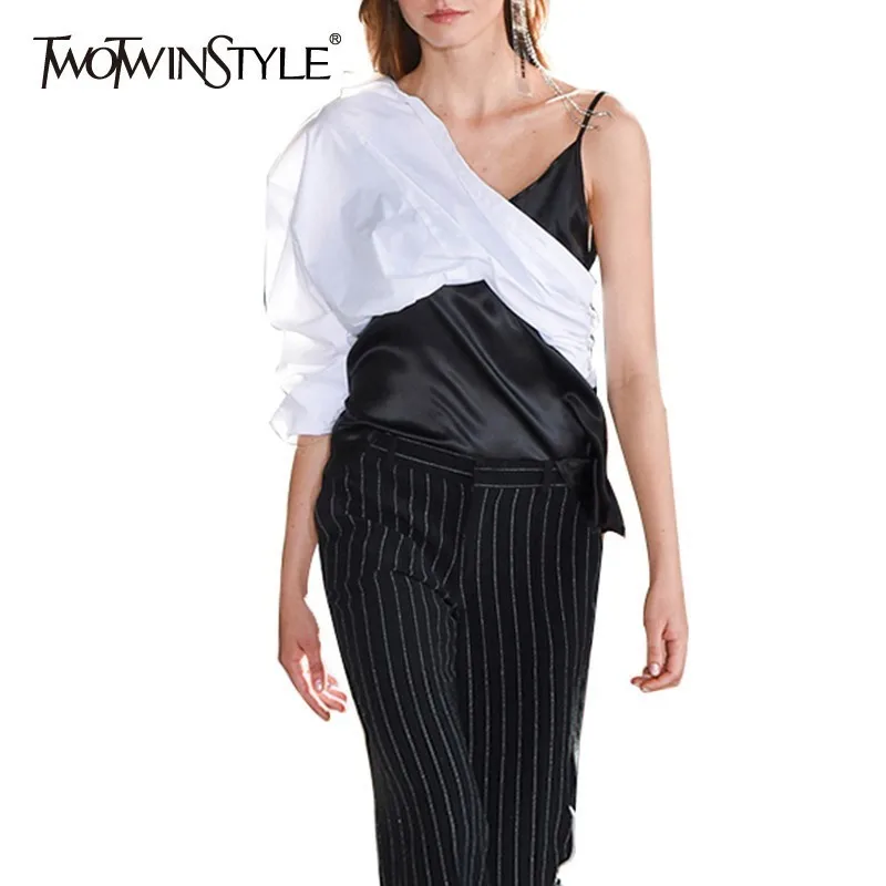 

TWOTWINSTYLE Summer One Shoulder Women Blouse Lapel Three Quarter Sleeve Satin Patchwork Hit Color Irregular Shirt Female 2019
