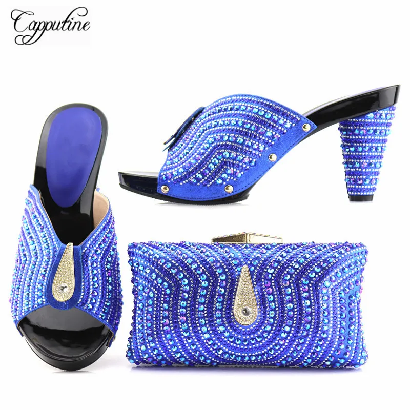 

Capputine 2018 New Design African Shoe And Bag Set For Party Italian Elegant Slipper Pumps Shoes With Matching Bag Set 7Colors